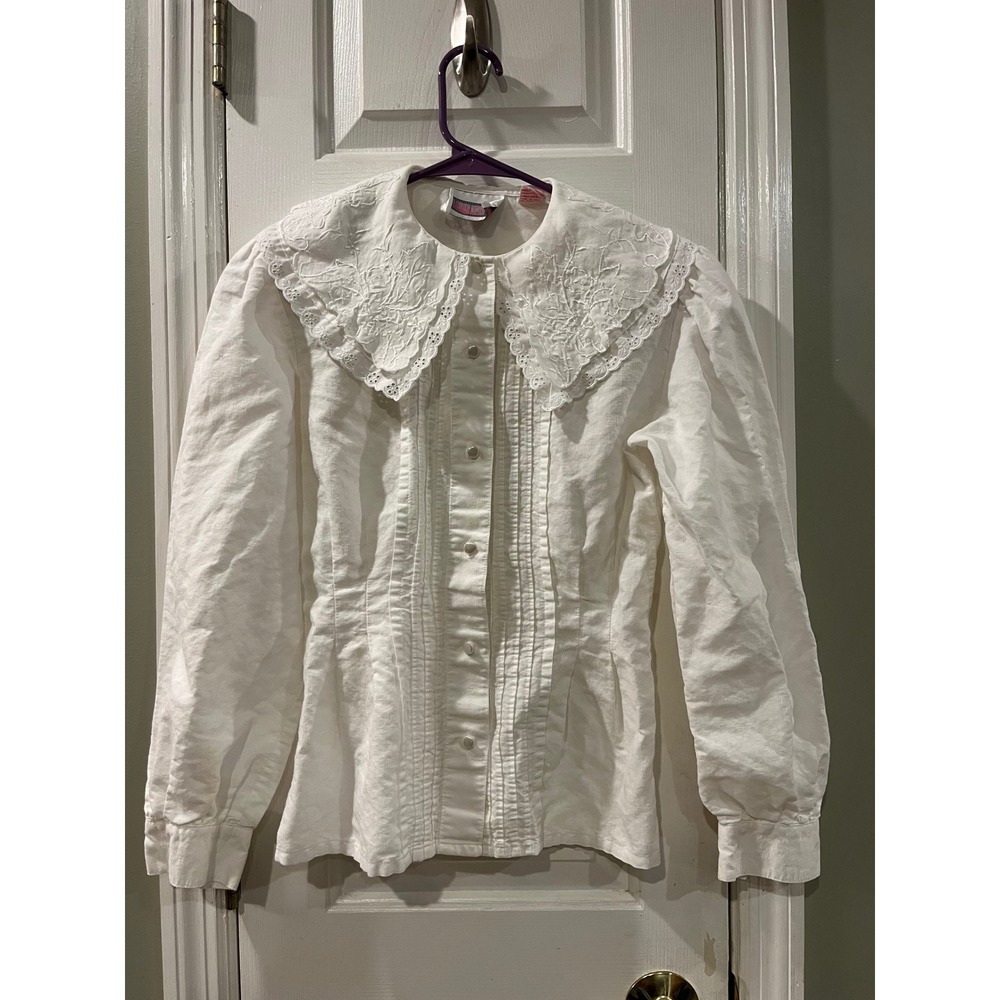 Vintage Picture Perfect White Embroidered Eyelet Collar Pintuck Blouse Size 8